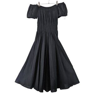 Black Smocked Flouncy Vintage Style Cotton Summer Dress